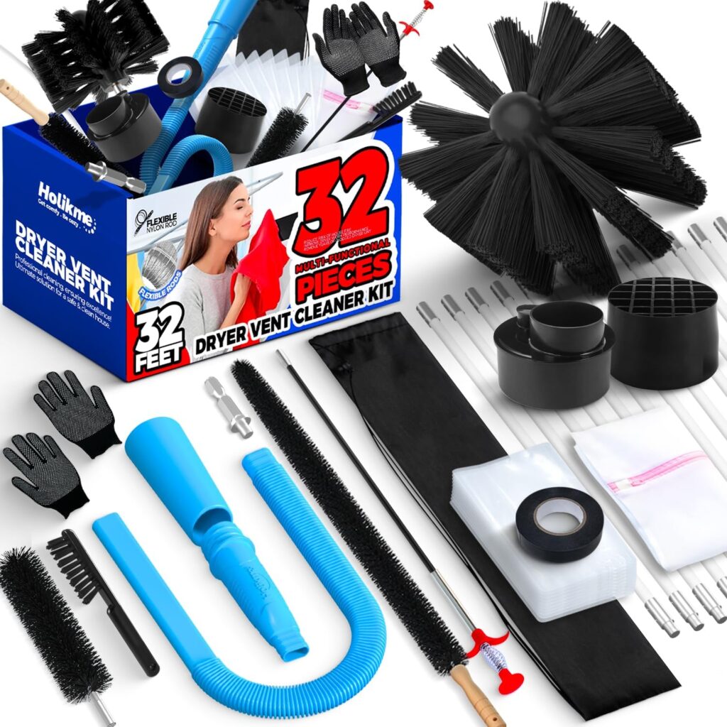Dryer Vent Cleaner Kit, Dryer Cleaning Tools, Include Dryer Vent Brush, Omnidirectional Blue Dryer Lint Vacuum Attachment, Dryer Lint Trap Brush, Vacuum & Dryer Adapters
