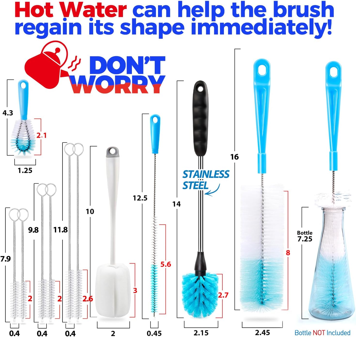 Bottle Brush Tube Cleaning Set, Long Handle Bottle Cleaner for Washing Narrow Neck Beer Bottles Wine Decanter Narrow Cup Pipes Sinks Cup Cover, White - Image 8
