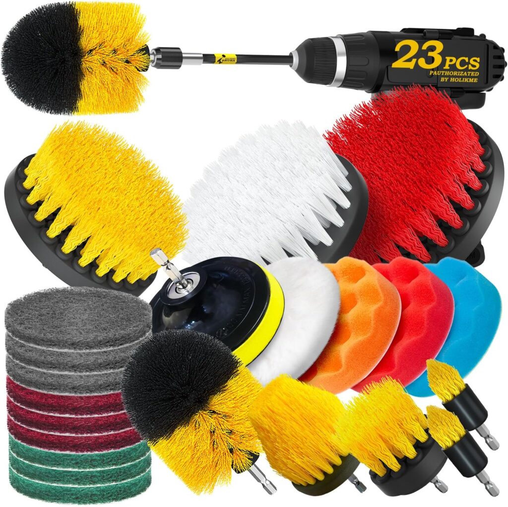 23Pack Drill Brush Attachments Set, Scrub Pads & Sponge, Buffing Pads, Power Scrubber Brush with Extend Long Attachment, Car Polishing Pad Kit,Cleaning Supplies，Shower Scrub,Scratch Brushes