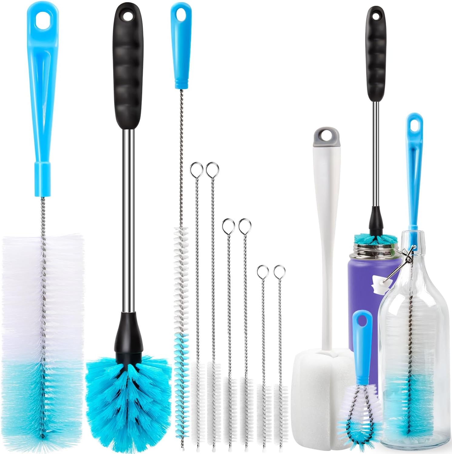 Bottle Brush Tube Cleaning Set, Long Handle Bottle Cleaner for Washing Narrow Neck Beer Bottles Wine Decanter Narrow Cup Pipes Sinks Cup Cover, White - Image 1