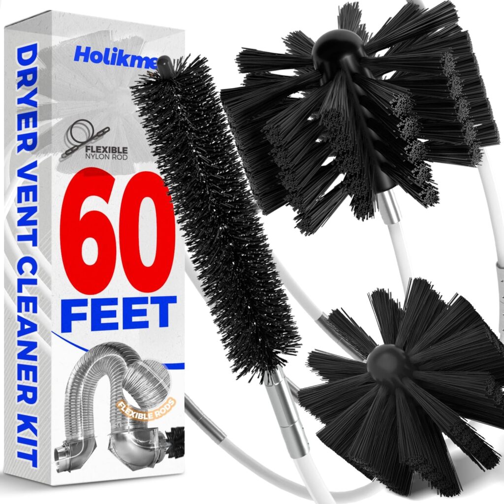 60 Feet Dryer Vent Cleaner Kit,Lint Remover Flexible Brush and Drill Attachment Extends Up to 60Feet, 2 Synthetic Brush Head Use with or Without a Power Drill