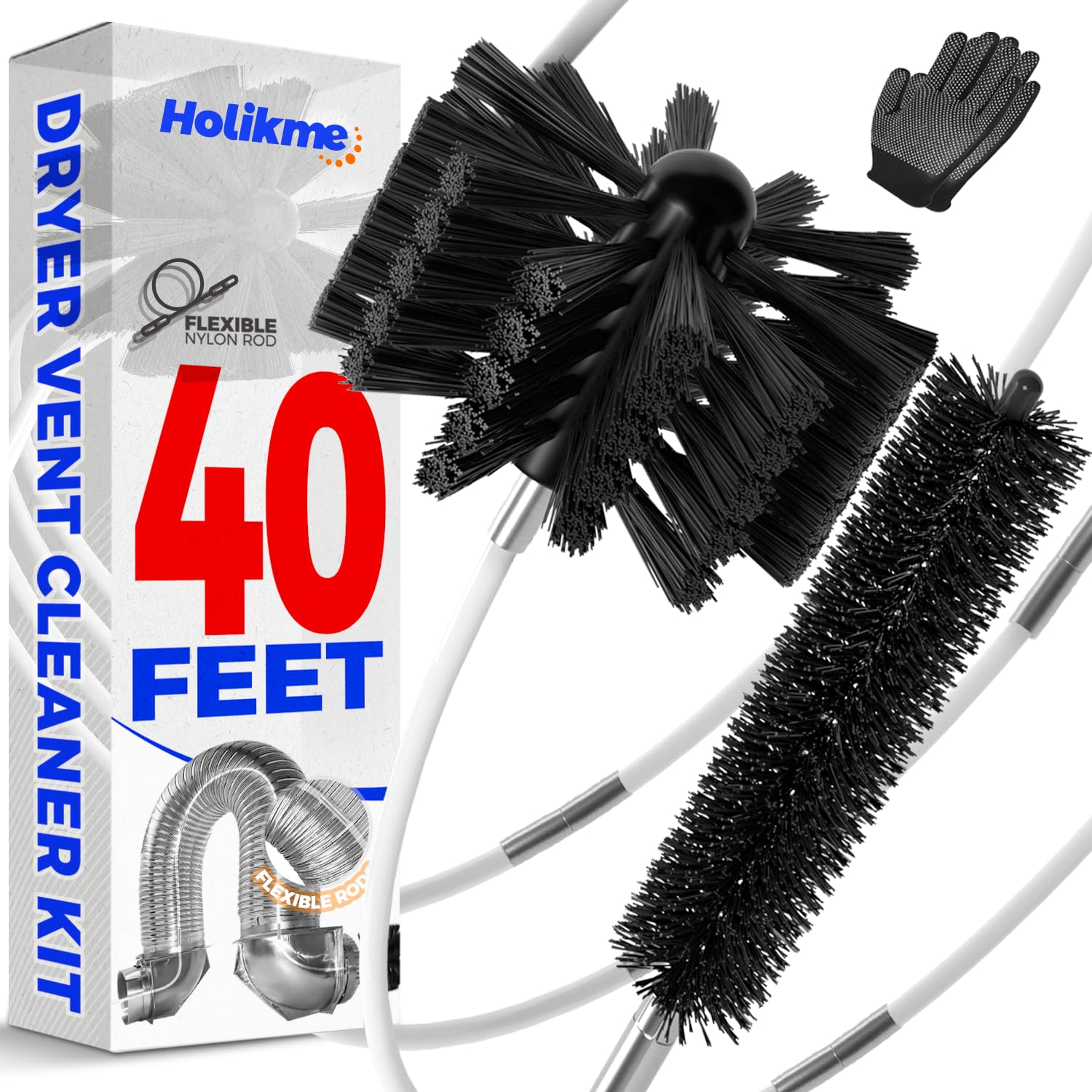 40 Feet Dryer Vent Cleaner Kit Flexible Lint Brush with Drill Attachment, Extends Up to 40 Feet for Easy Cleaning, Synthetic Brush Head, Use with or Without a Power Drill - Image 1