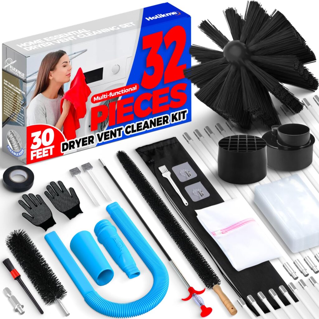 Dryer Vent Cleaner Kit Dryer Cleaning Tool Include Dryer Vent Brush, Omnidirectional Blue Dryer Lint Vacuum Attachment Dryer Lint Trap Brush, Vacuum & Dryer Adapters