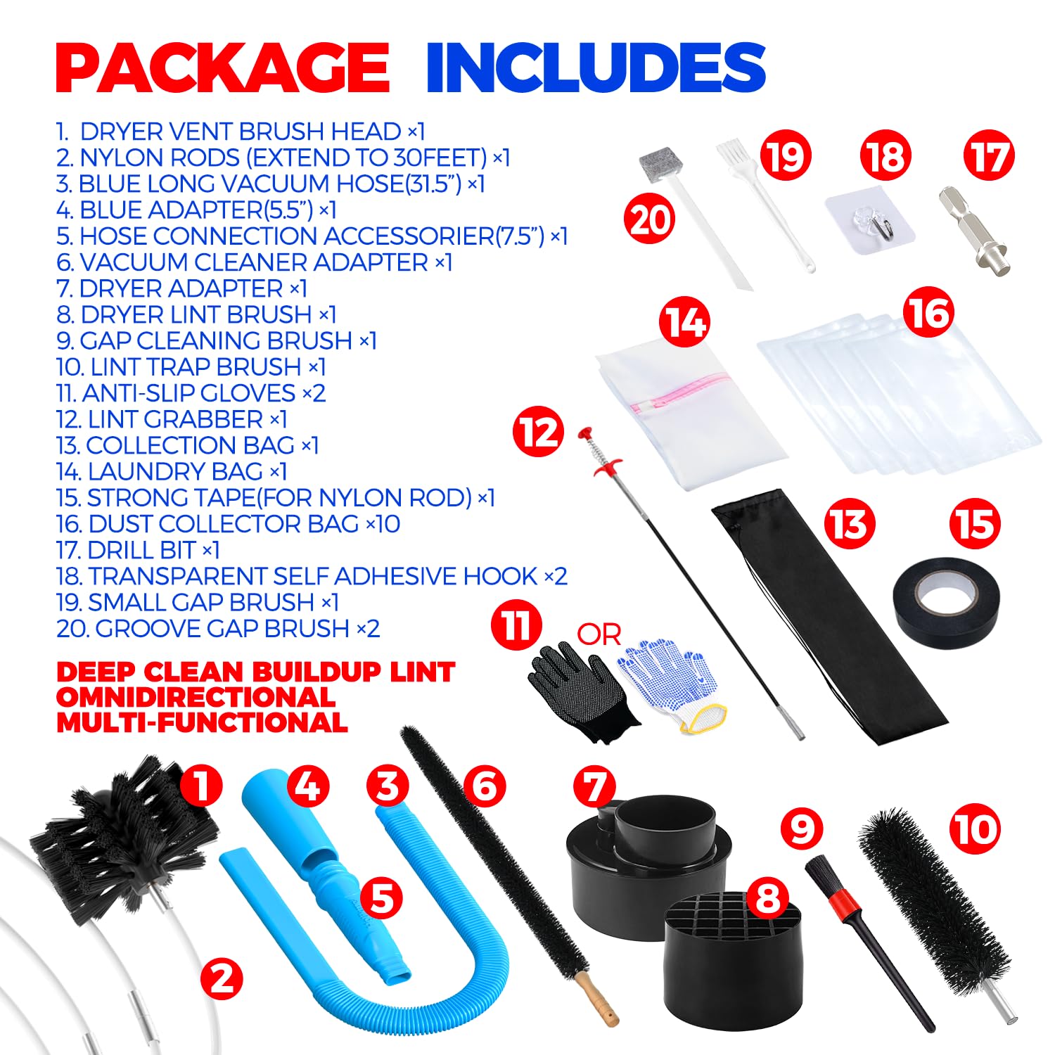 Dryer Vent Cleaner Kit Dryer Cleaning Tool Include Dryer Vent Brush, Omnidirectional Blue Dryer Lint Vacuum Attachment Dryer Lint Trap Brush, Vacuum & Dryer Adapters - Image 6